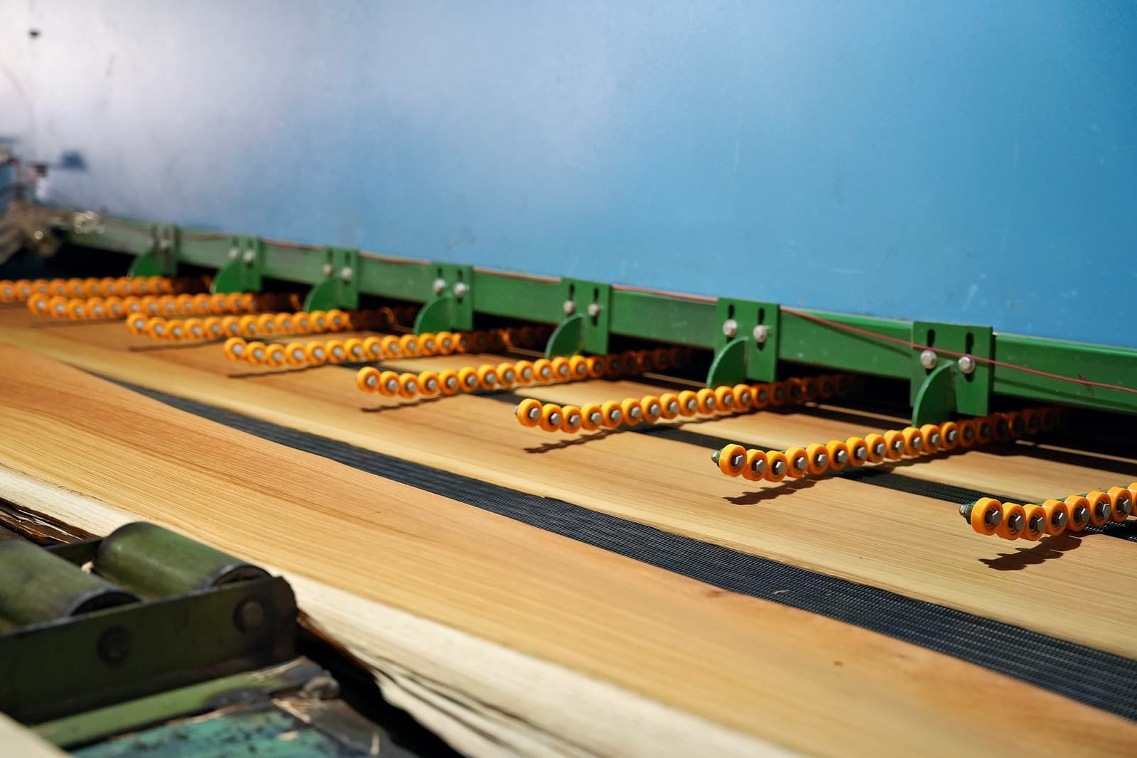 Veneer sheets passing through the roller dryer