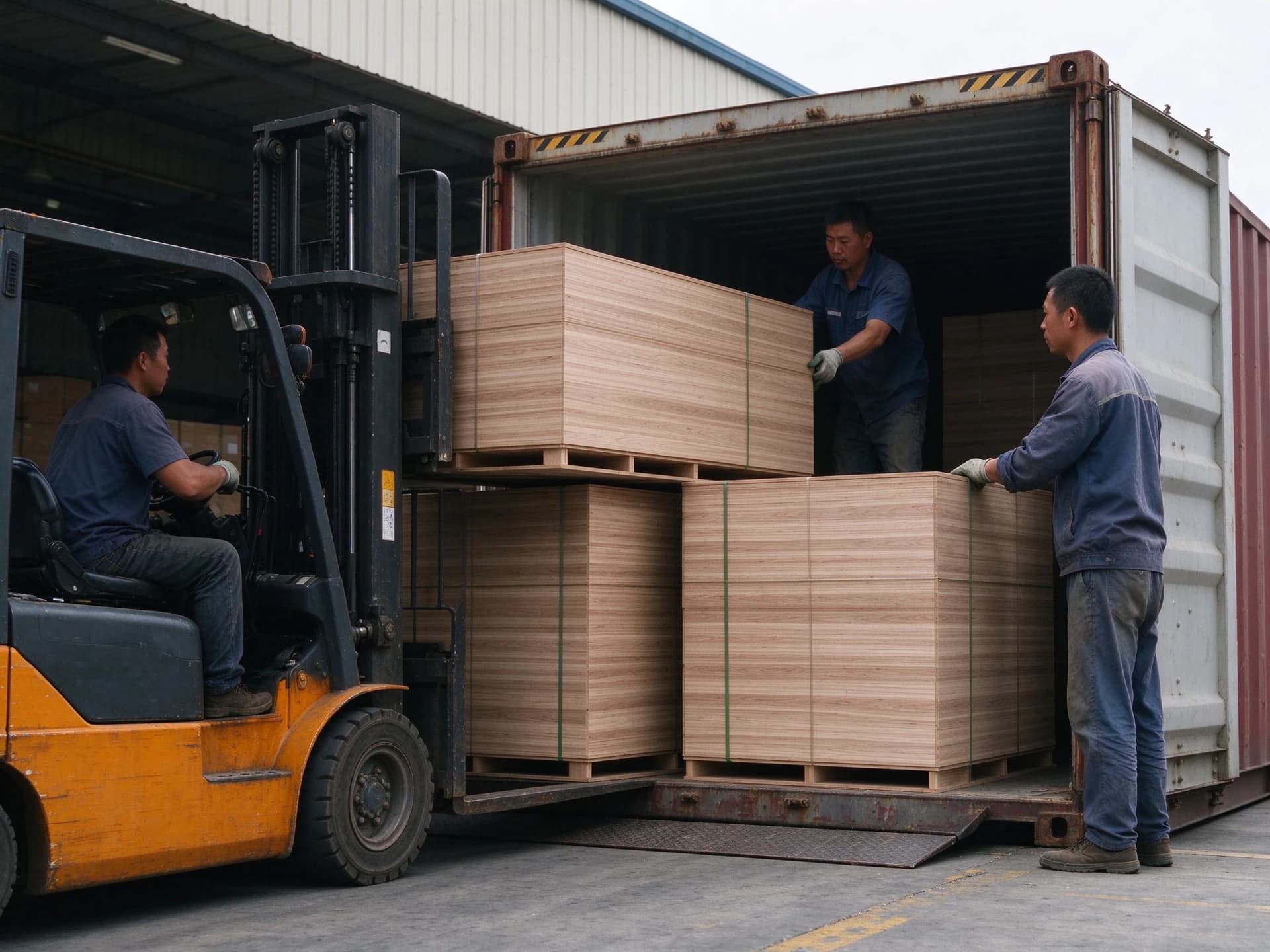 A forklift and workers loading wood sheets into a shipping container