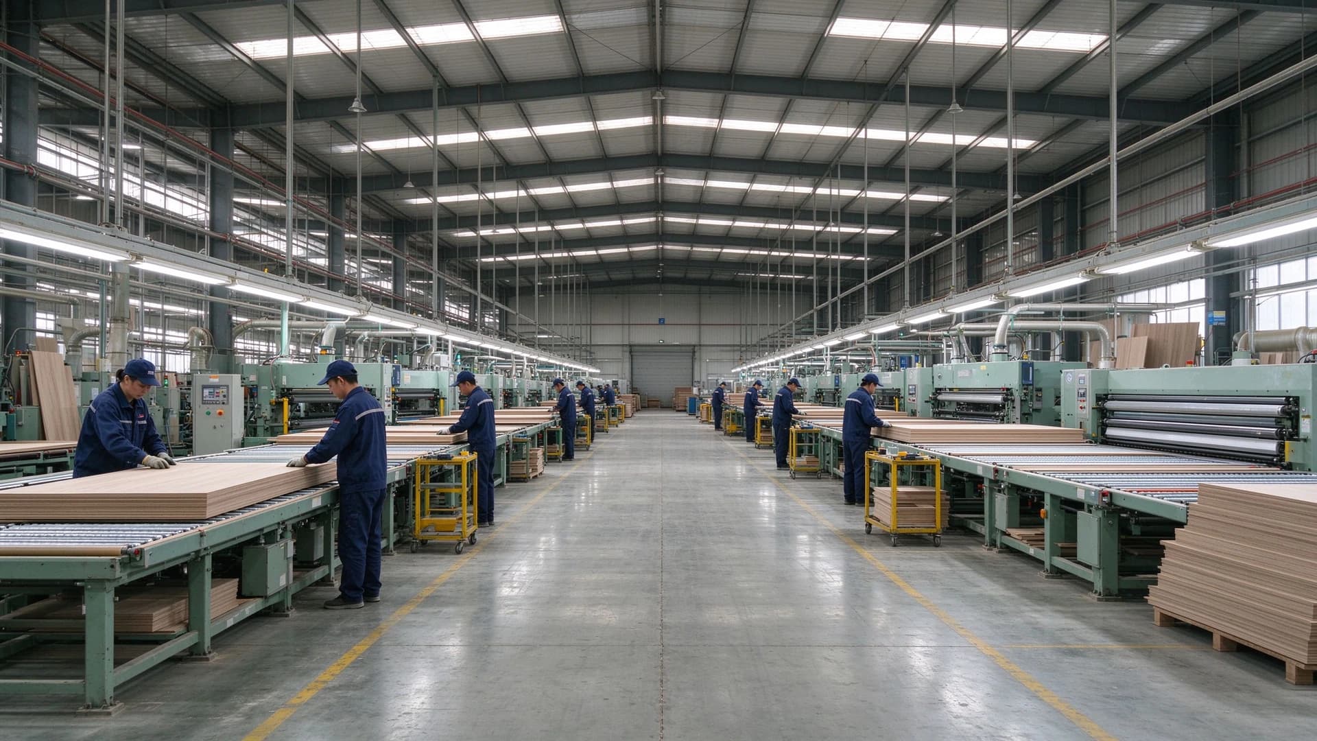Production lines along the central aisle of the factory