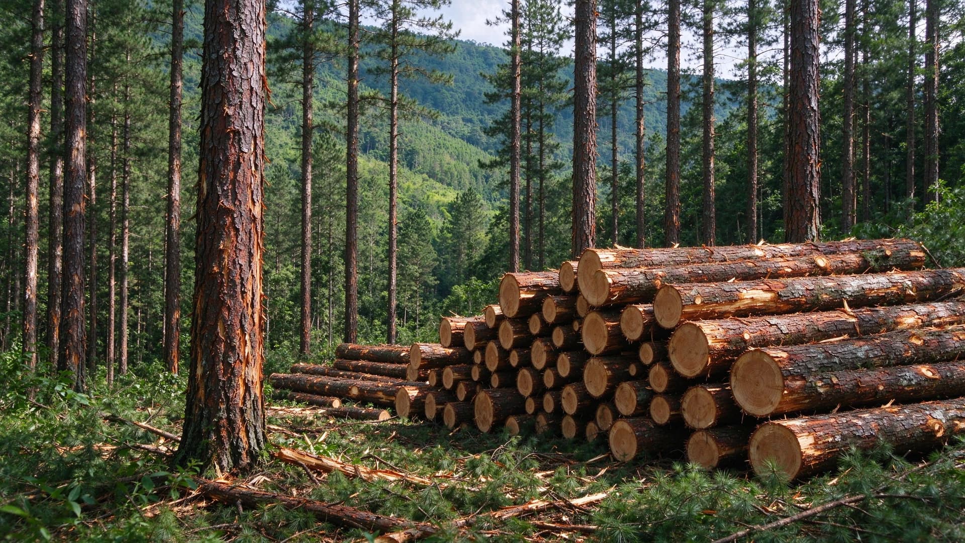 Logs stacked beside a forest track