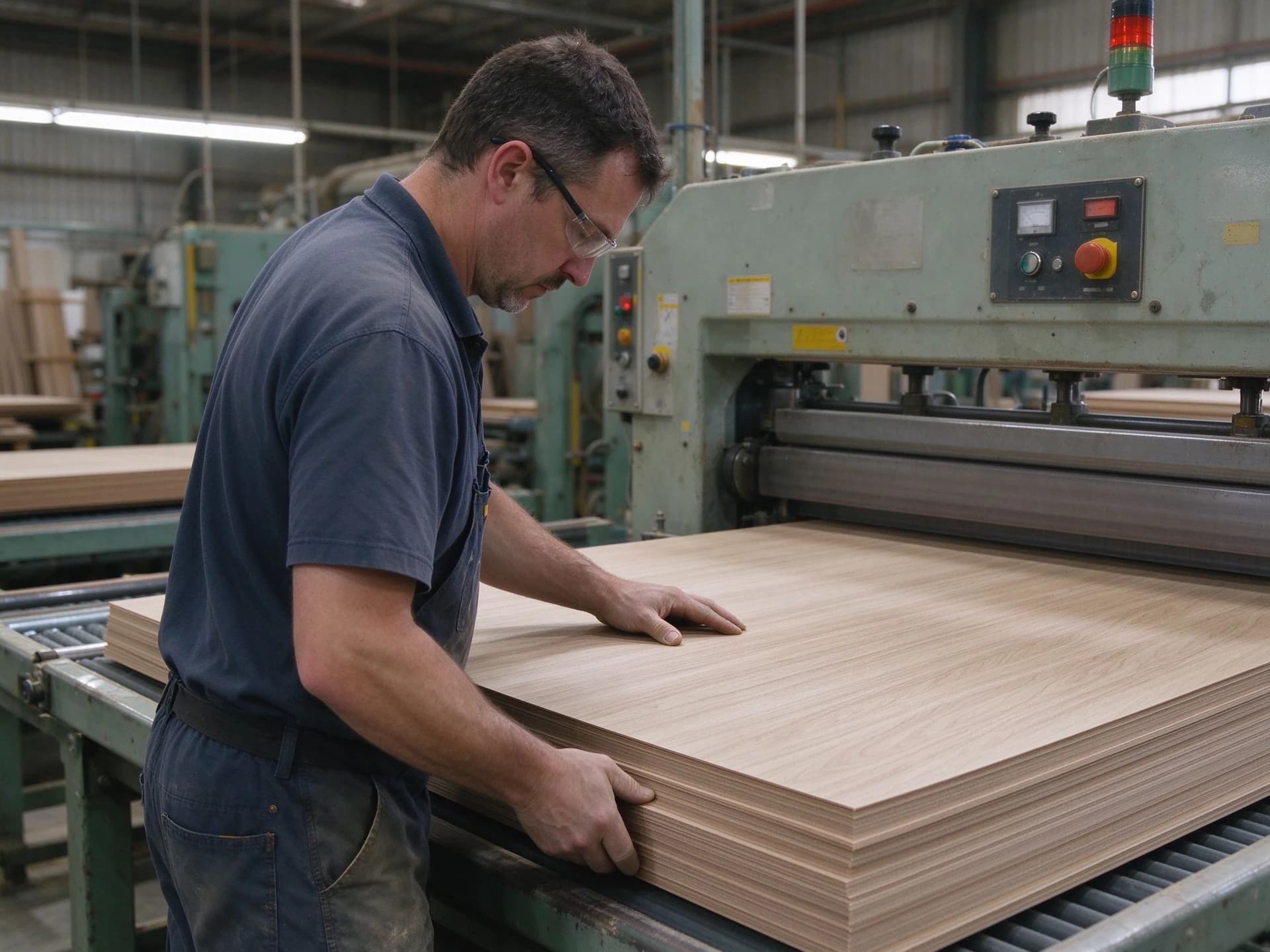 An operator aligning a stack of wood sheets at a machine