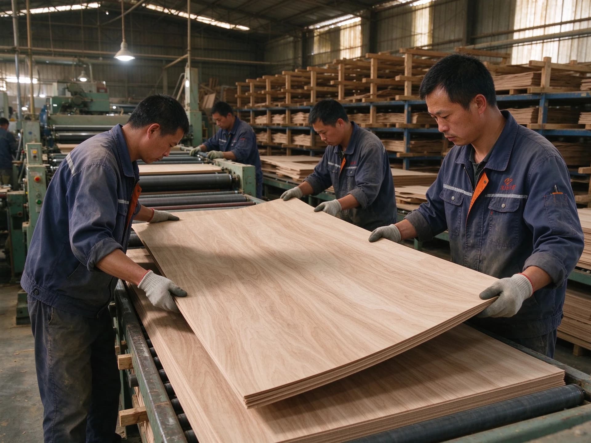 Workers handling and checking a wood veneer sheet