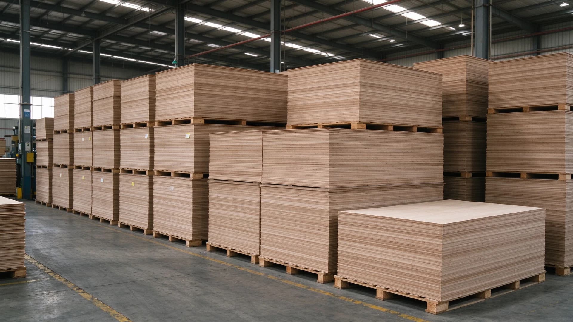 Wood sheets stacked on pallets in the warehouse