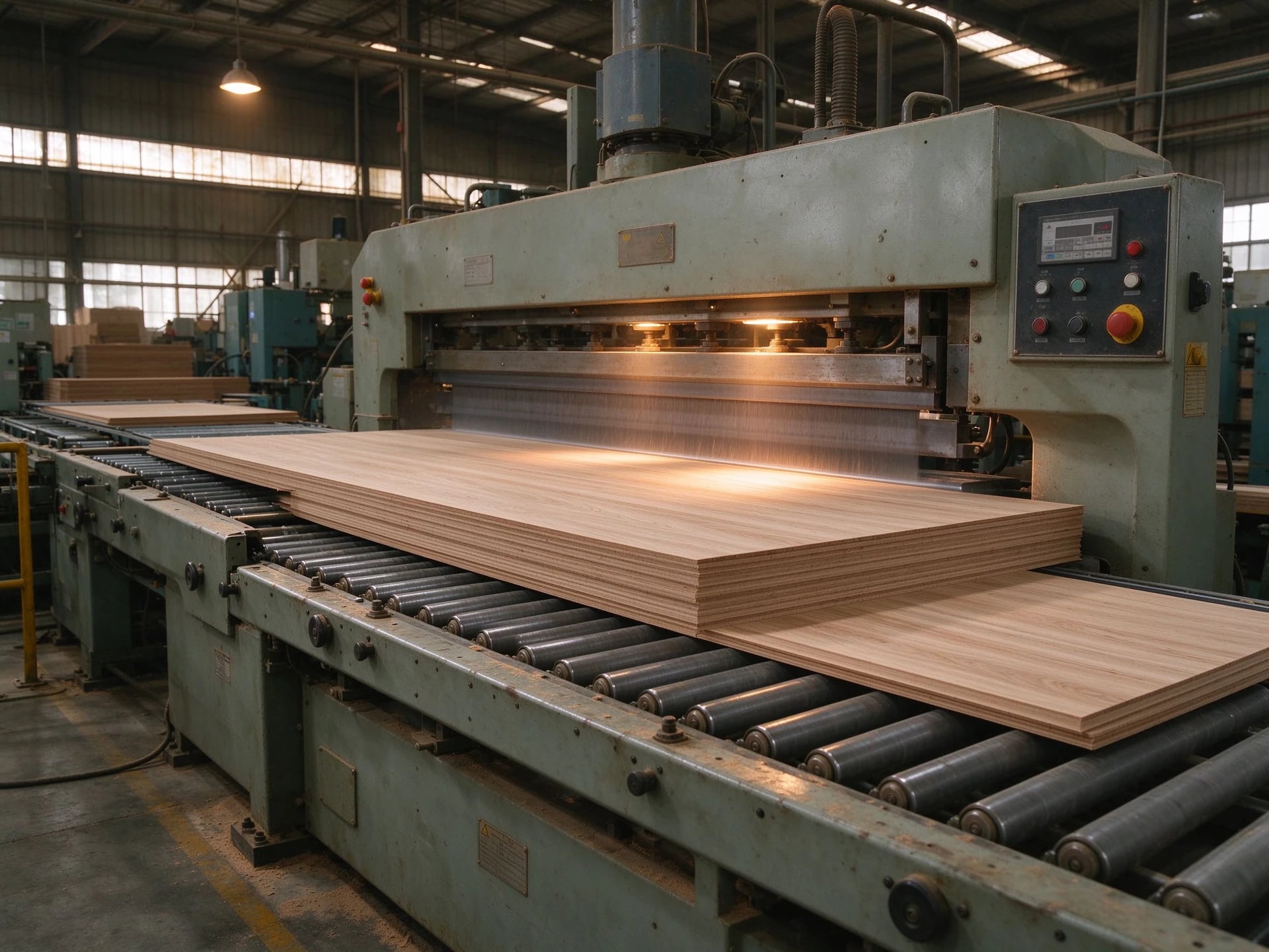Wood sheets passing through production equipment