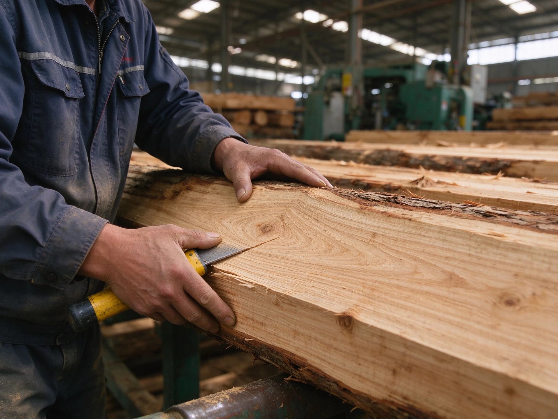 An operator inspecting the surface and edges of a wood sheet