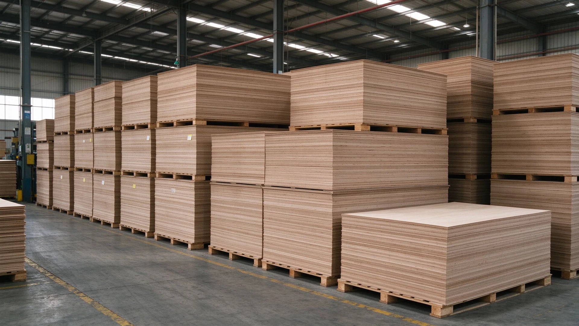 Wood sheets stacked on pallets in the warehouse